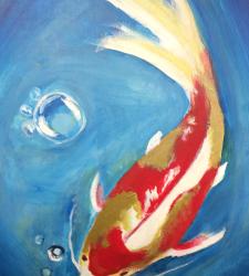 Blue painting with a red and tan colour koi fish swimming