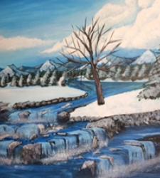 Painting of a snowy landscape, a river runs through the middle of snow covered fields with snow covered trees and a barn featured, rivers run down small waterfalls