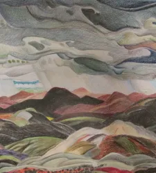 Pencil sketch of red, green and dark hills, patch of blue sky appears beneath dark crowds and rain can be seen streaking down