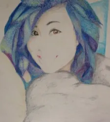 Drawing of face with long blue coloured hair, smiling
